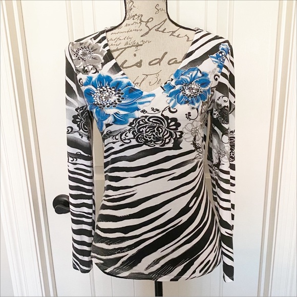 CACHE Zebra Print Floral Long Sleeve Shirt Size Medium - Picture 1 of 10